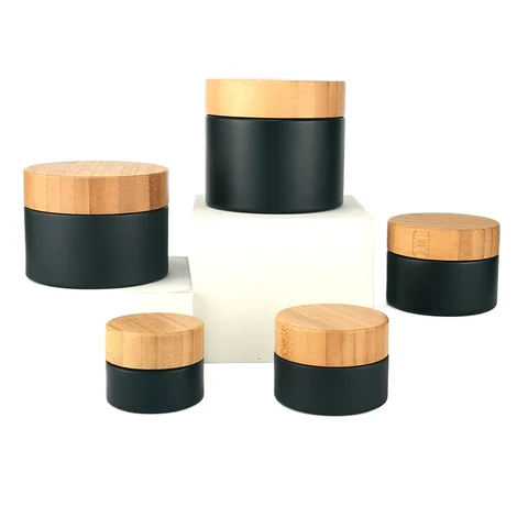 0.5oz to 3oz Black Glass Jar with Wood Grain Lid for Face Cream & Balm