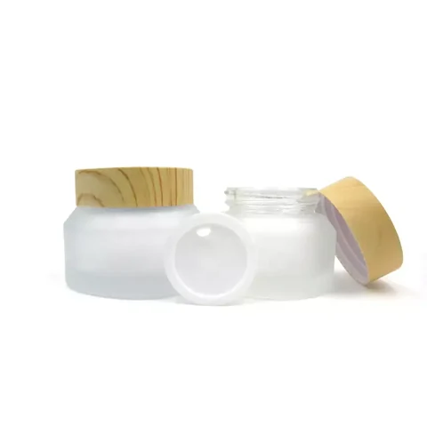 15g 30g 50g Tarro de cristal esmerilado transparente para crema facial y contorno de ojos con tapa de madera