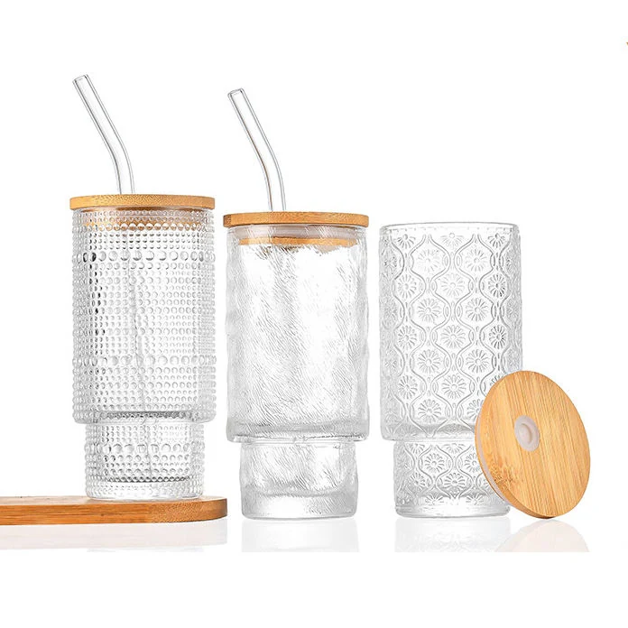 3D Embossed Glass Cup With Bamboo Lid And Straw