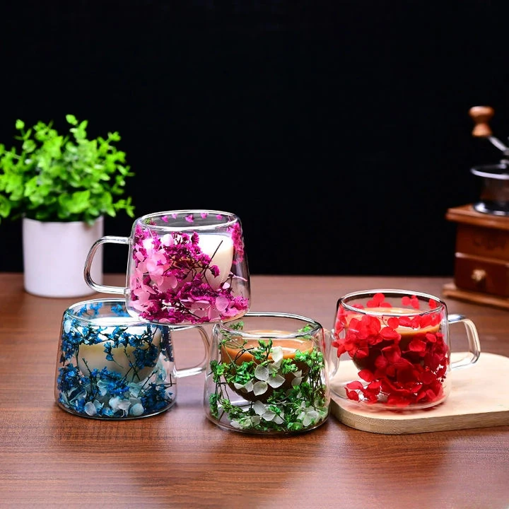 Double Wall Dried Flower Borosilicate Glass Coffee Cup