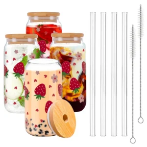 Glass Cup Set with Straw Lid