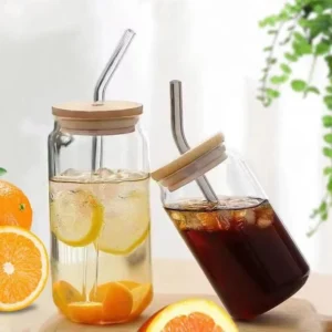 Glass Jar Tumbler with Bamboo Lid and Straw