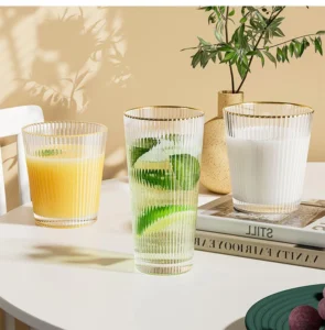 Japanese Vertical Striped Gold Rim Crystal Glass Cup