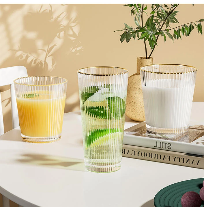 Japanese Vertical Striped Gold Rim Crystal Glass Cup