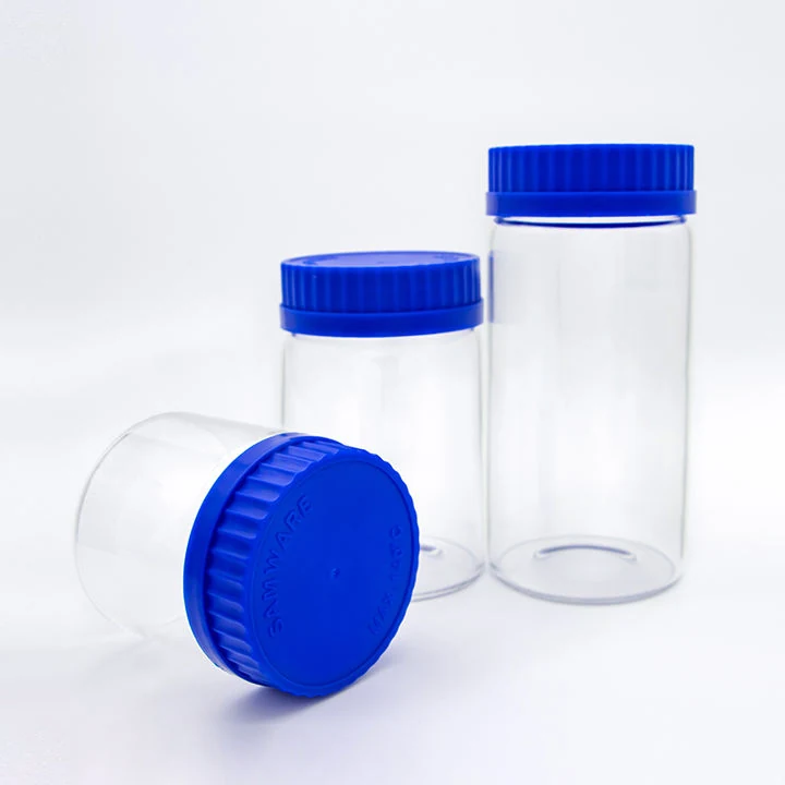 Frasco cilíndrico de vidrio de laboratorio de boca ancha con tapón azul