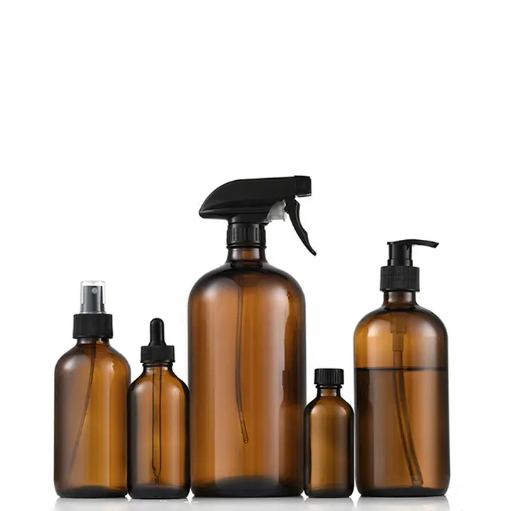 Amber glass bottles in multiple sizes with spray pumps droppers and closures