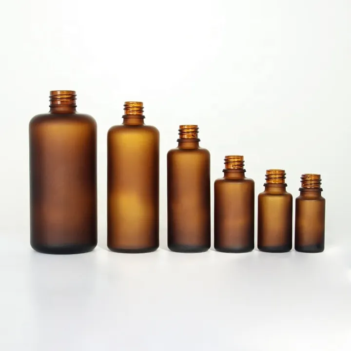 Frosted amber bottles in six different sizes
