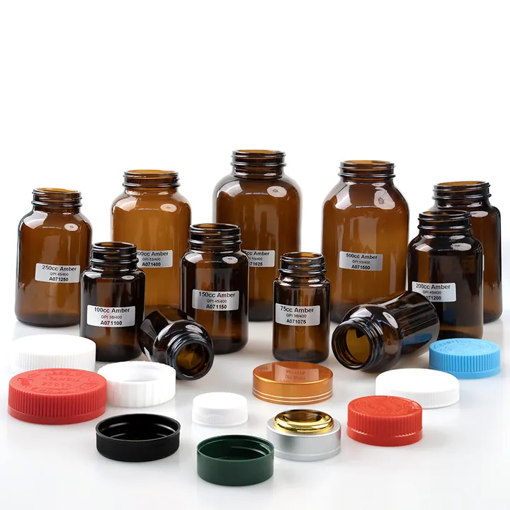 Amber pharmacy bottles with label and colored cap options