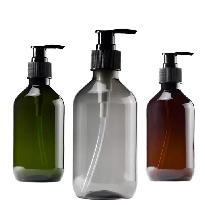 Assorted colored pump bottles in amber green and grey tones