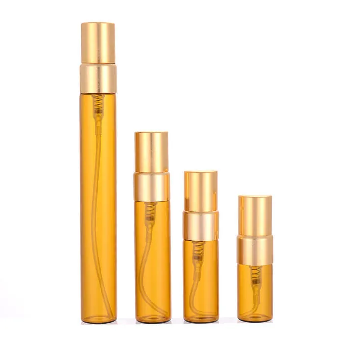 Amber slim perfume sample spray bottles with gold sprayers in different capacities