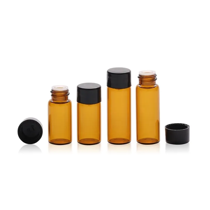 Amber glass sample vials in different heights with black screw caps