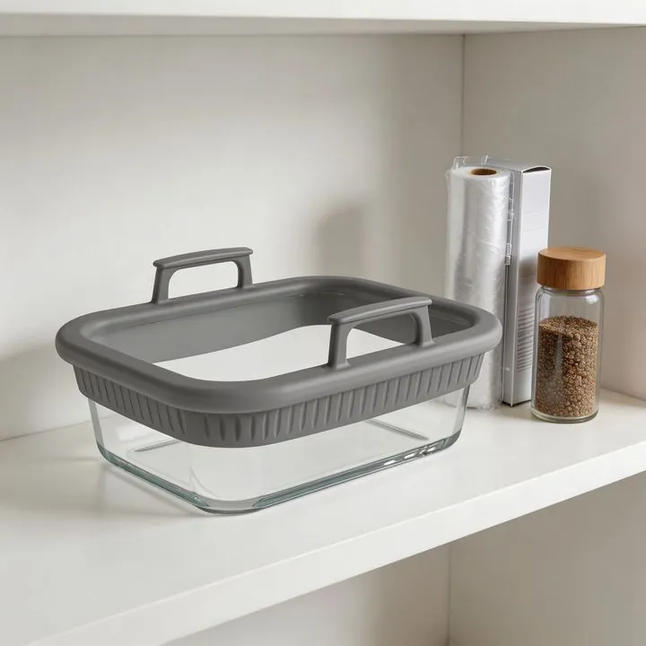 Plat de cuisson carré en verre avec poignée en forme de panier grise