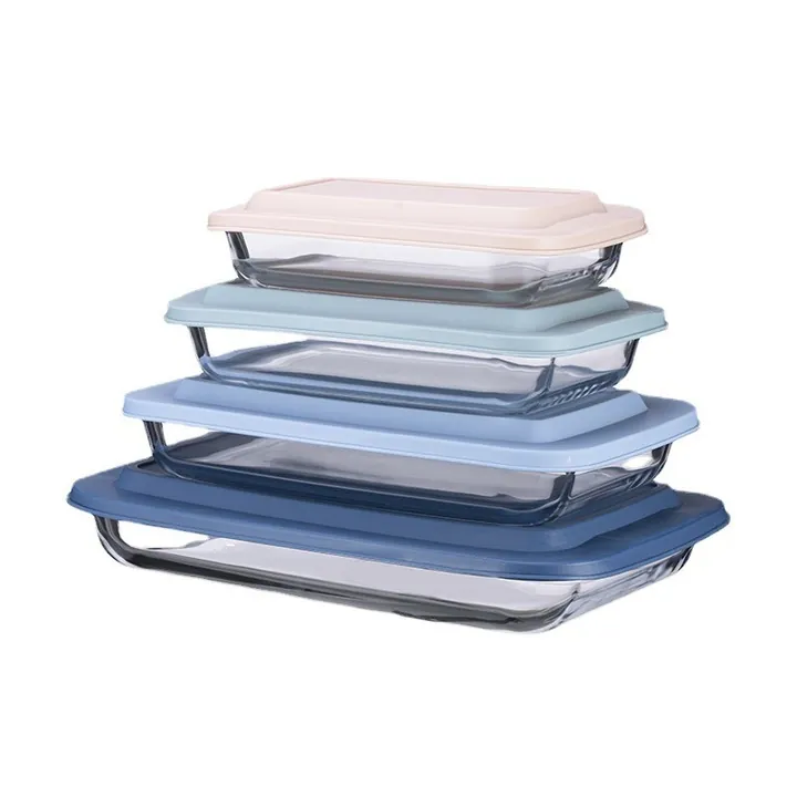 Plats de cuisson rectangulaires empilables avec couvercles aux couleurs pastel
