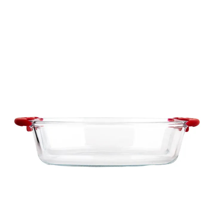 Plat de cuisson rectangulaire transparent avec poignées en silicone rouge