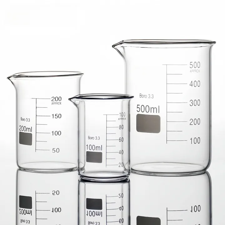 Three graduated laboratory beakers in different capacities