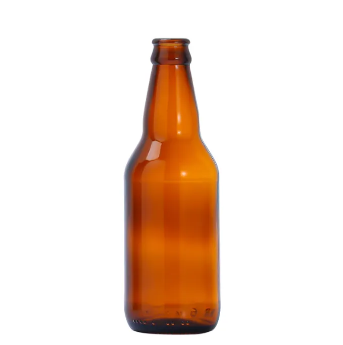 Einzelne bernsteinfarbene Bierflasche aus Glas mit langem Hals