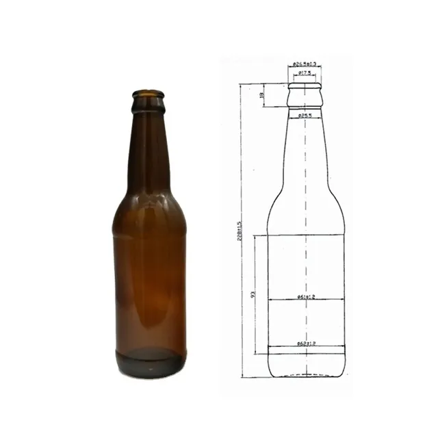 Beer bottle with dimensional drawing and specification display