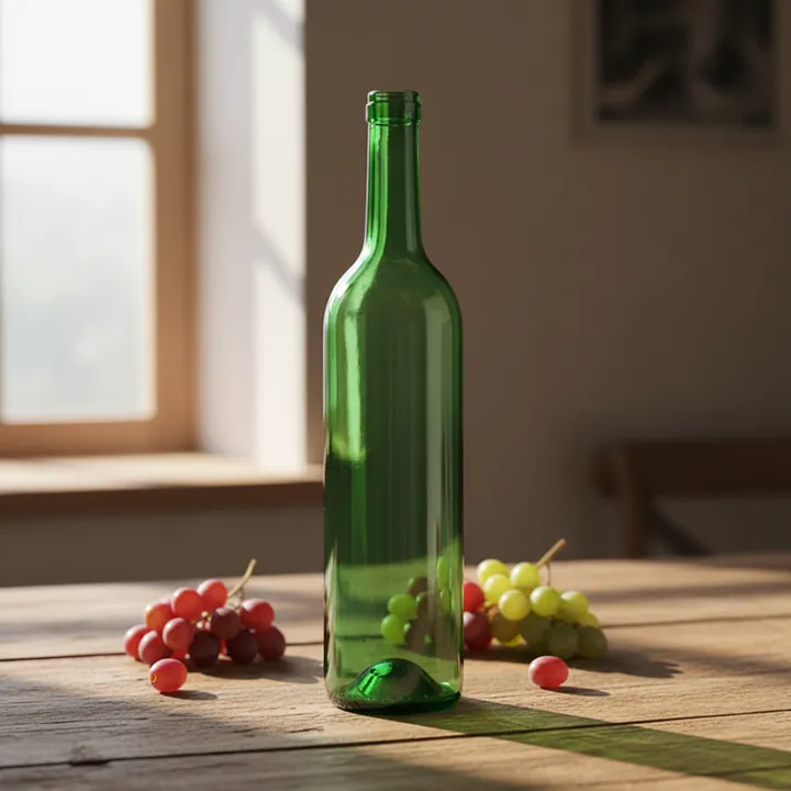 Green glass beer bottle displayed on a sunlit table