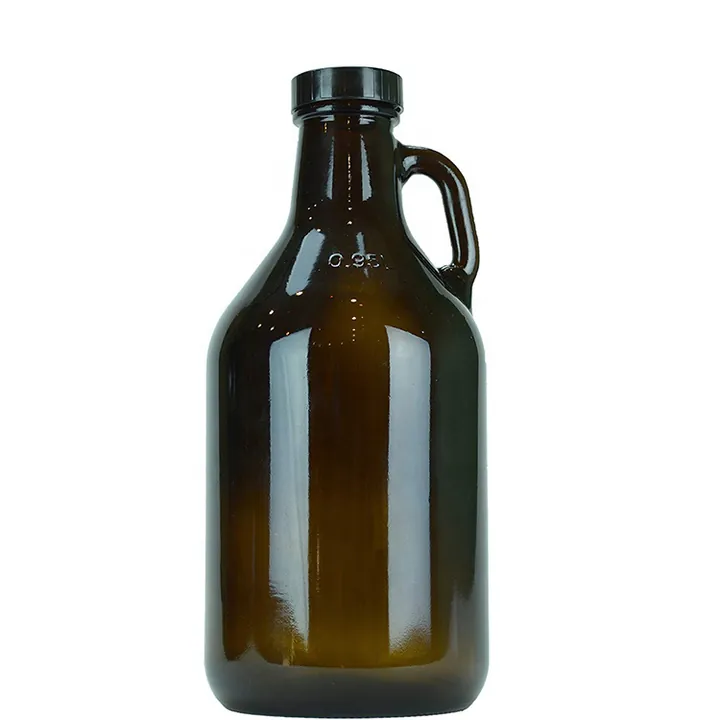 Growler aus bernsteinfarbenem Glas mit seitlichem Griff und schwarzem Verschluss
