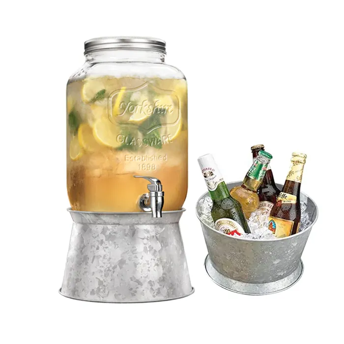 Distributeur de boissons en verre avec logo en relief et seau à glace en métal