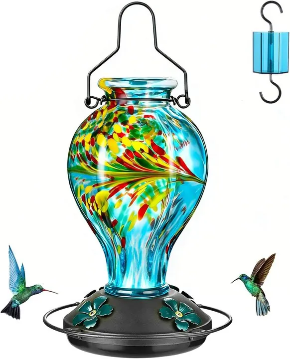 Blue vase shaped glass bird feeder with handle