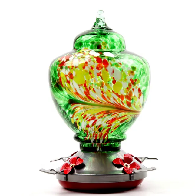 Green round glass bird feeder with flower feeding port