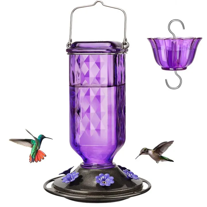 Purple cylindrical glass bird feeder with hanging hook