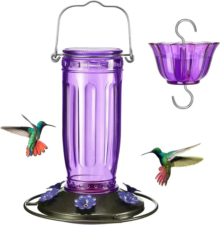 Purple ribbed glass bird feeder with hanging hook