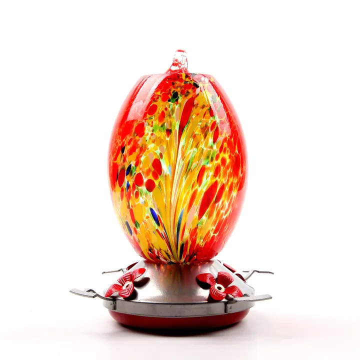 Red oval glass bird feeder with flower feeding port
