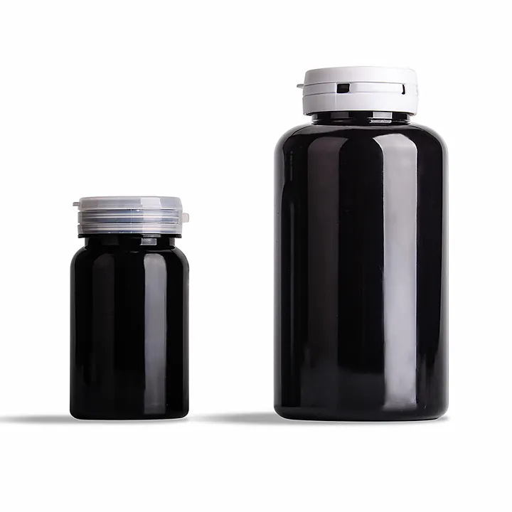 Black round medicine bottle with child resistant cap