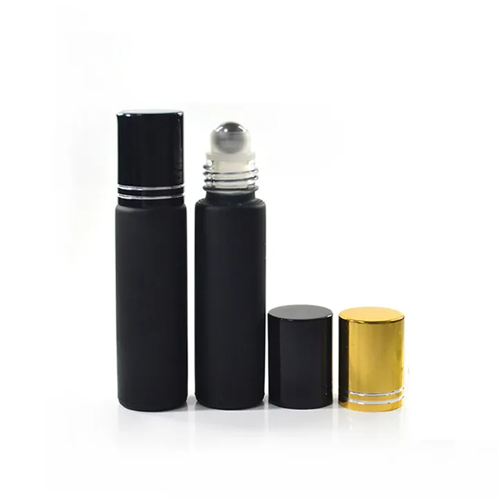 Black frosted roll-on bottles with roller heads and different cap colors