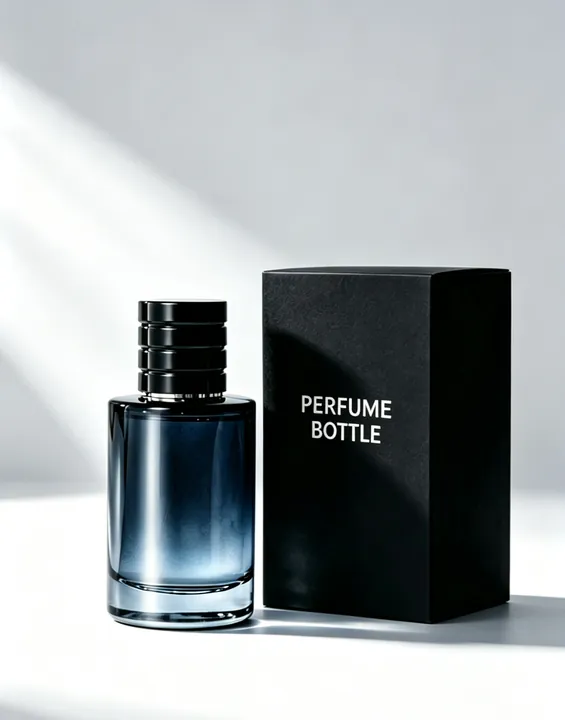 Flacon de parfum bleu-noir dégradé avec coffret cadeau imprimé noir