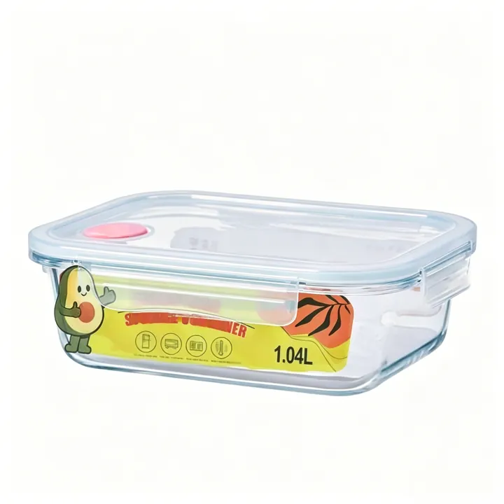 Transparent rectangular glass food container with white sealing lid