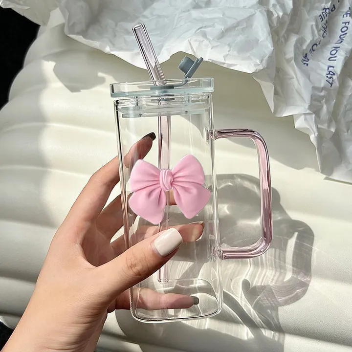 Square glass cup with pink bow lid straw and handle