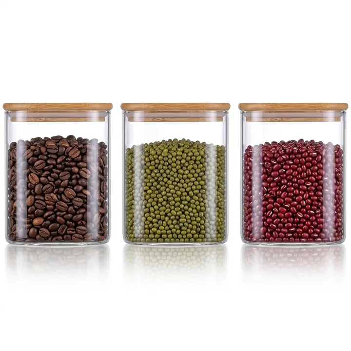 Square glass jars with bamboo lids and dry foods