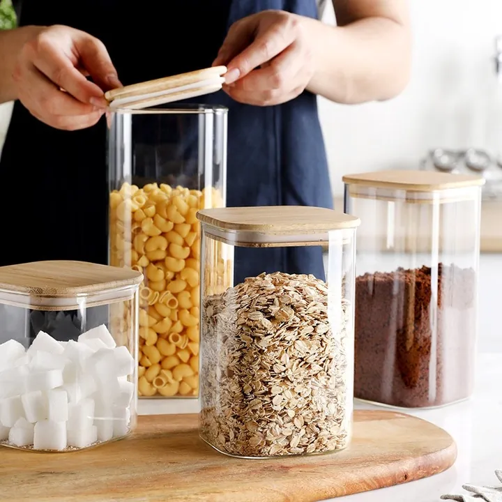 Square glass storage containers in kitchen setting