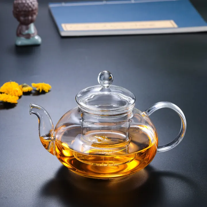 Théière ronde en verre avec infuseur en verre transparent et couvercle en verre