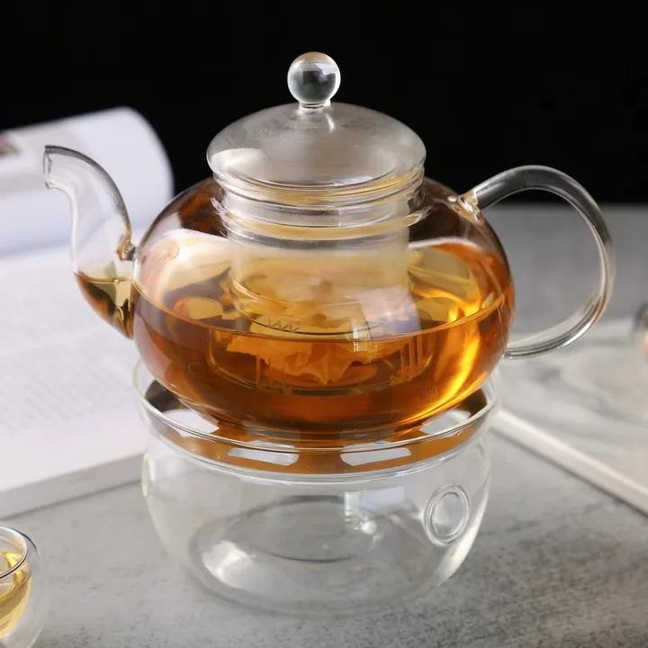 Théière ronde en verre avec infuseur en verre et socle chauffant en verre transparent