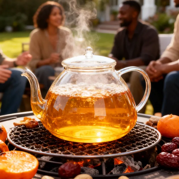 Théière ronde en verre dans laquelle on fait infuser du thé sur un réchaud à charbon en plein air