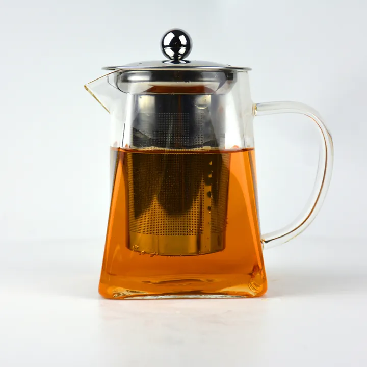 Théière carrée en verre avec infuseur et couvercle en métal