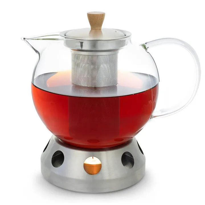 Théière ronde en verre avec infuseur en métal et socle chauffe-bougie en métal
