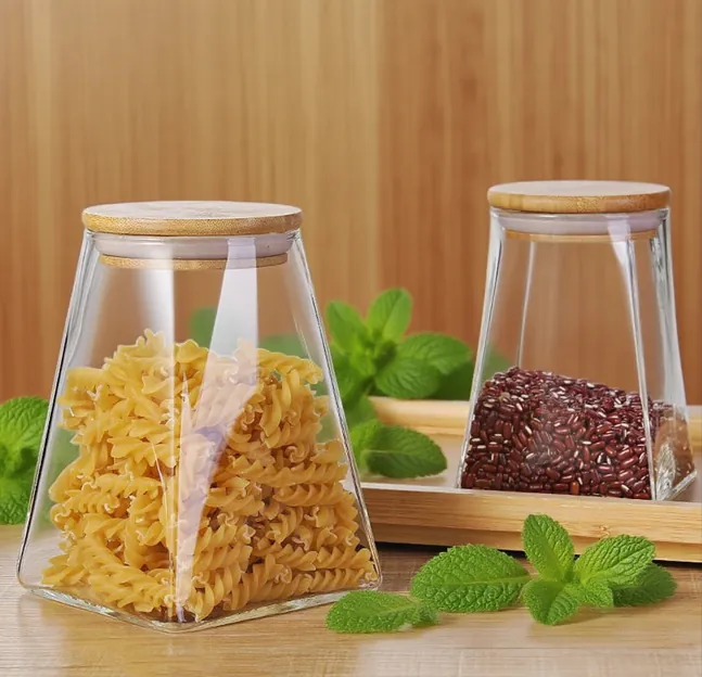 Trapezoid glass storage jars with bamboo lids