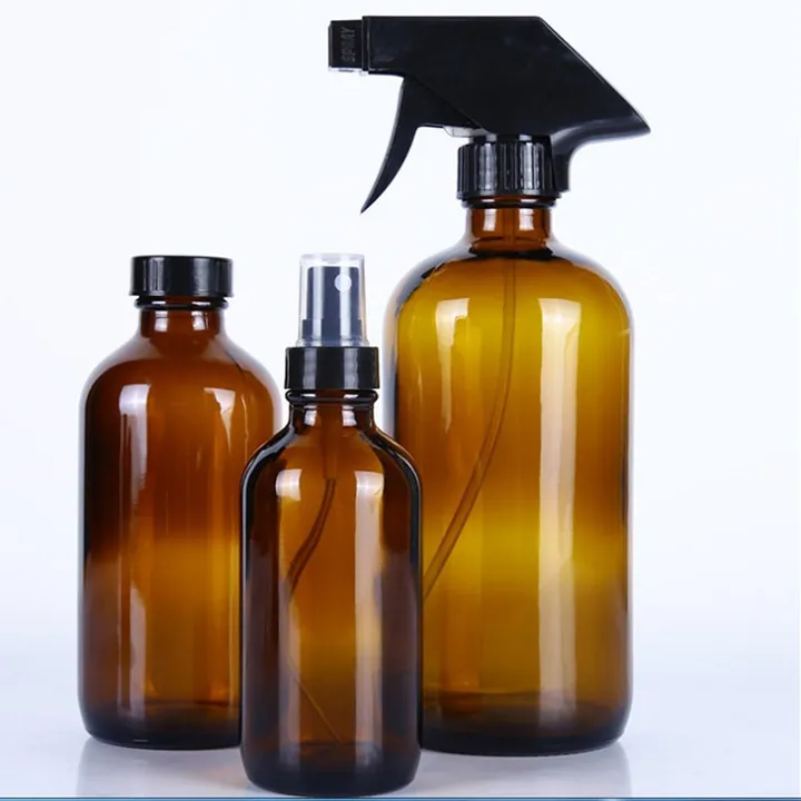 Amber bottles with screw cap spray head and trigger sprayer