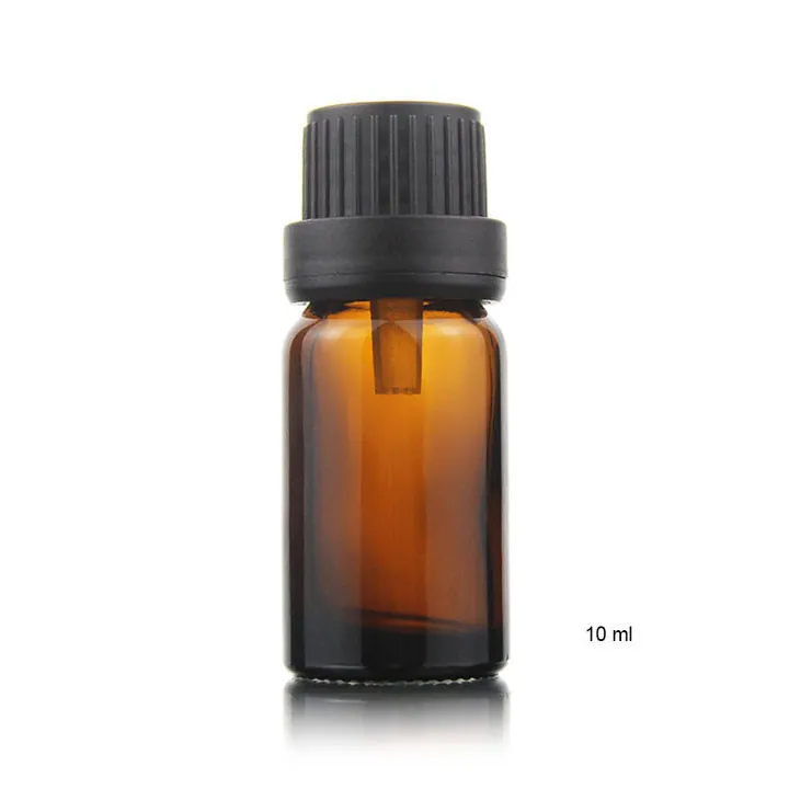 Small amber Boston round bottle with black screw cap