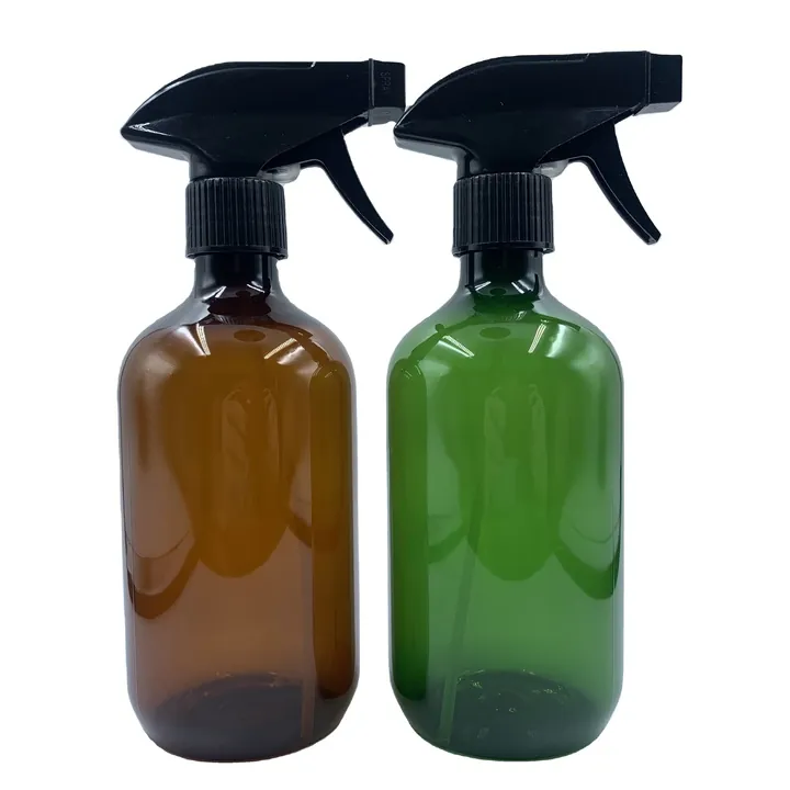 Amber and green Boston round bottles with trigger sprayers