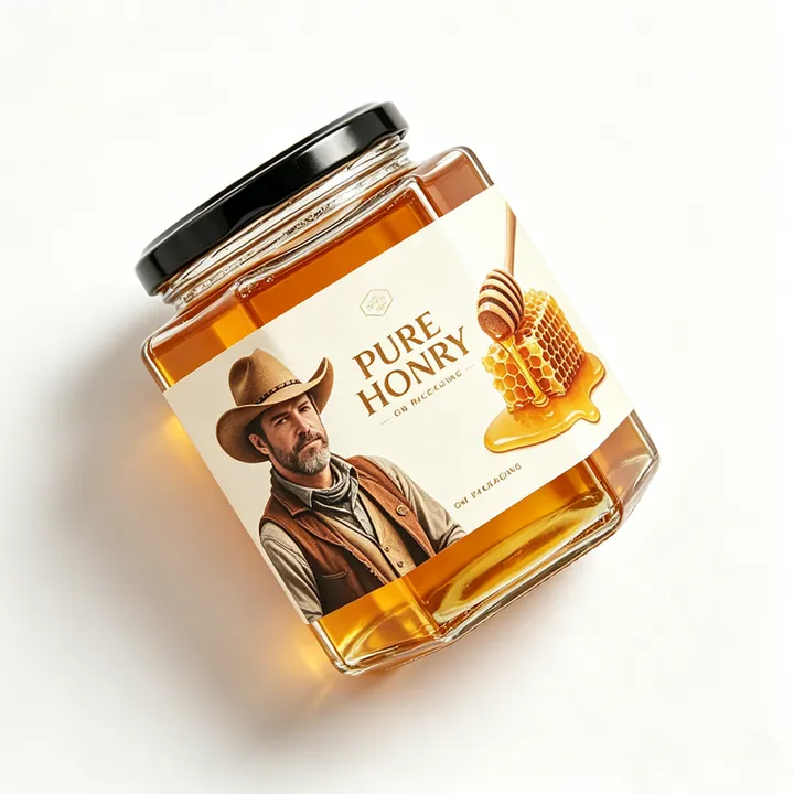 Square glass honey jar with character and honeycomb label