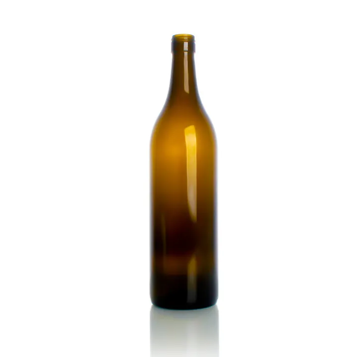 Single amber Burgundy wine bottle with long neck and round shoulder