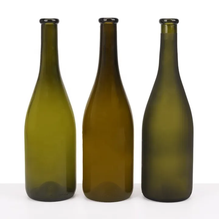 Green and amber Burgundy wine bottles including one frosted bottle