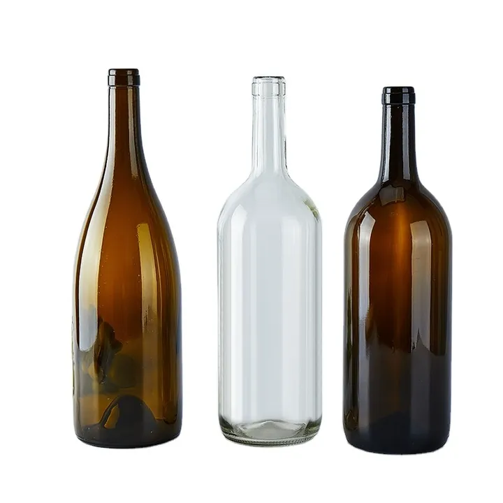 Large Burgundy wine bottles in amber clear and dark brown colors