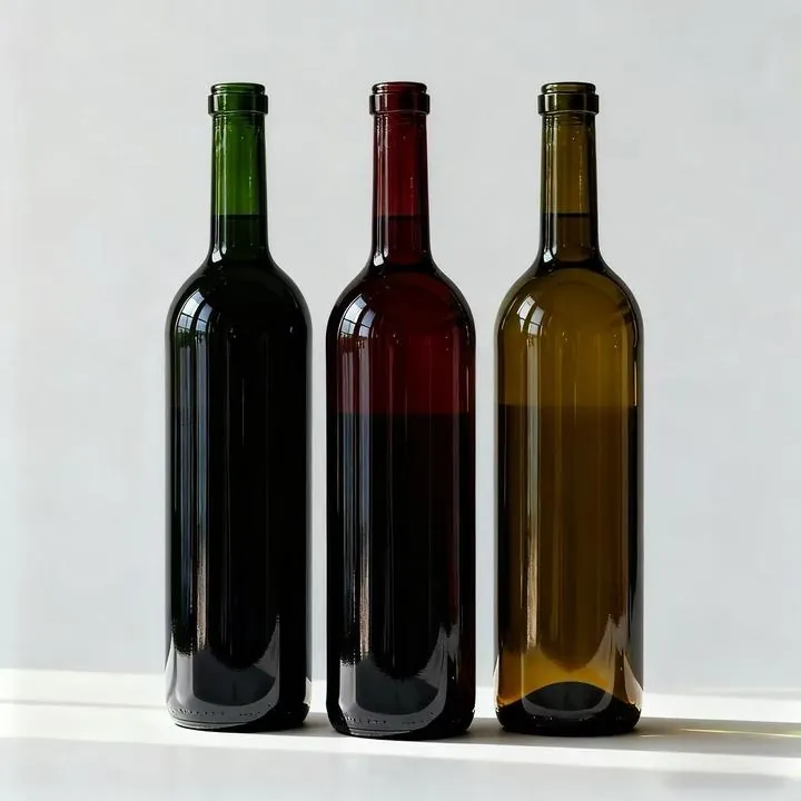Green red brown and amber Burgundy wine bottles displayed together